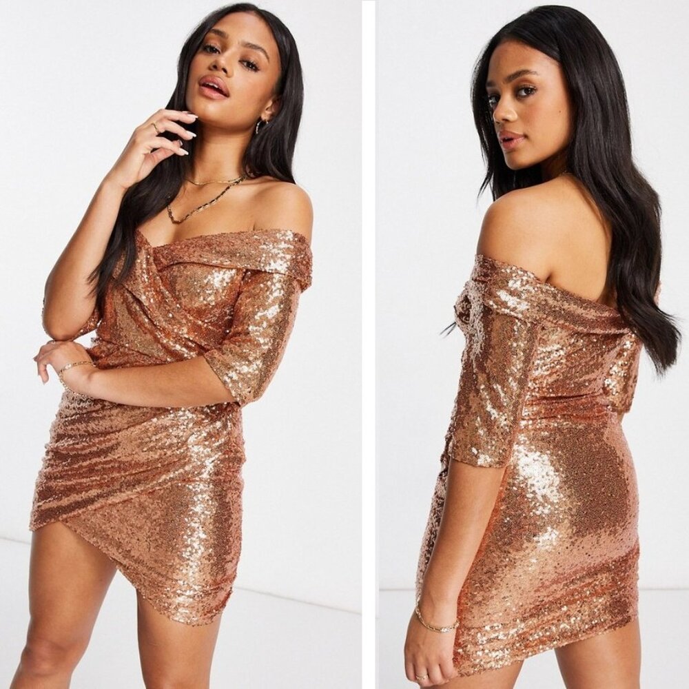 NWT Club L London Sequin Off-the-Shoulder Mini Dress Size 10 Rose Wrap Skirt